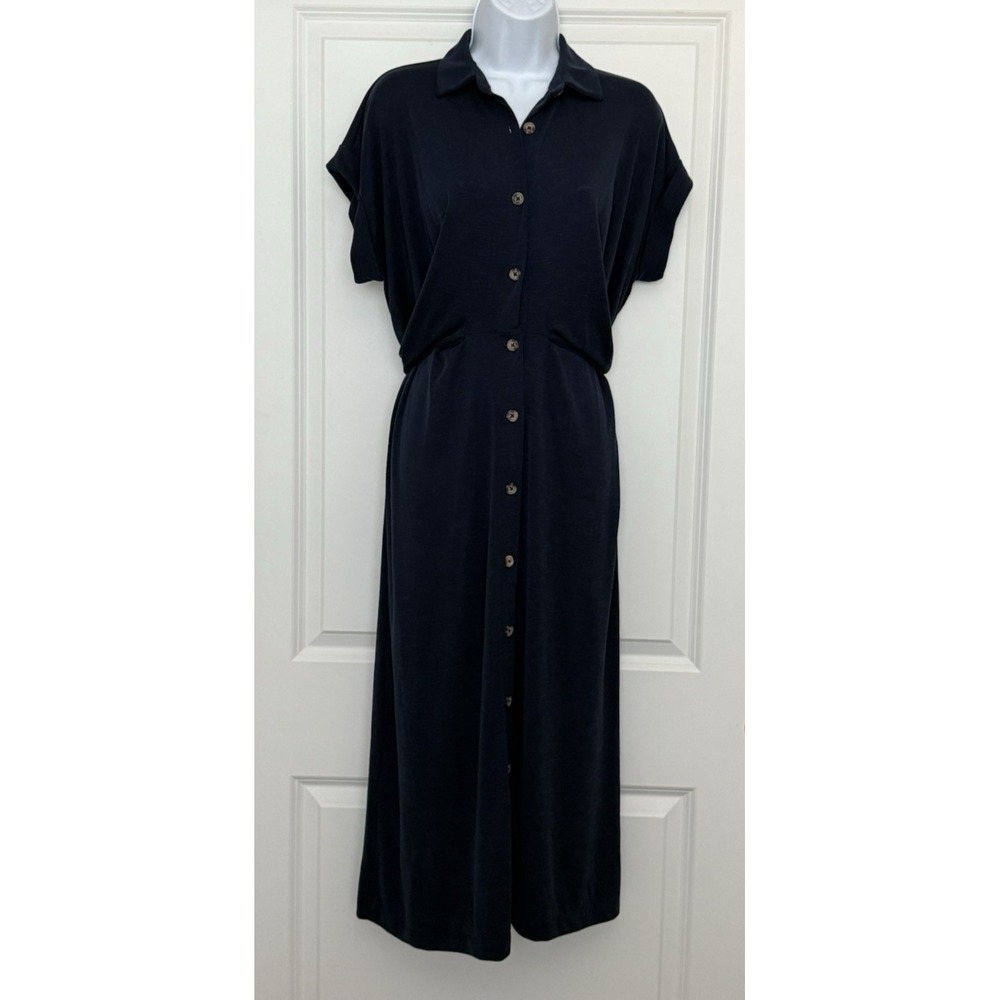 Ann Taylor LOFT Full Button Twist Tie Waist Stretch Shirt Midi Dress Navy Sz 10P - Picture 2 of 13